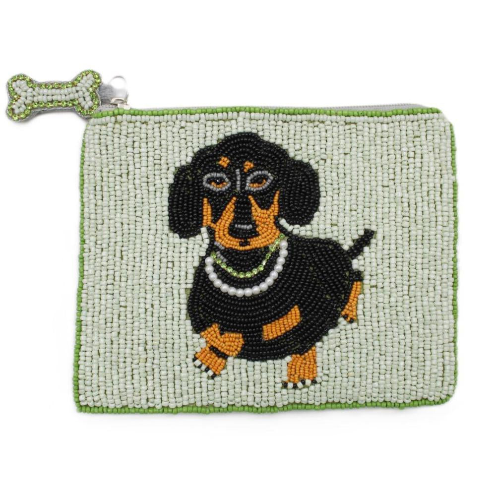 Beaded pouch with a dachshund design on a white background