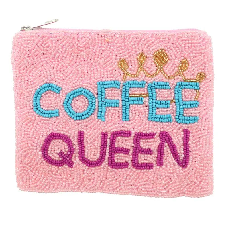 Pink pouch with 'Coffee Queen' text and crown design on a white background