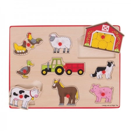 Bigjigs Toys Lift Out Puzzle - Farm.  Wooden puzzle with farm animal and vehicle pieces on a beige background