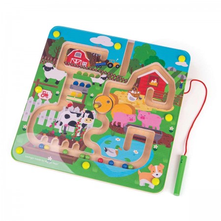 Bigjigs Toys Farmyard Maze Puzzle. Wooden farm-themed maze toy with colorful illustrations on a white background