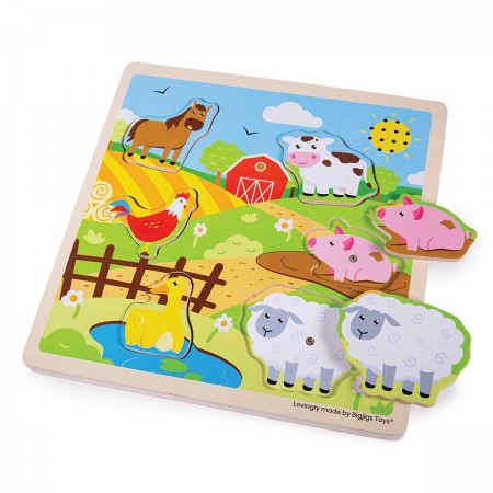 Bigjigs Farm Sound Puzzle. Wooden farm animal puzzle with colorful illustrations on a white background