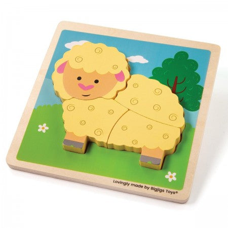 Bigjigs Toys Chunky Lift Out Puzzle - Sheep. Wooden puzzle of a sheep on a colorful background with 'Bigjigs Toys' branding.