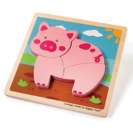 Bigjigs Toys Chunky Lift Out Puzzle - Pig. Pink pig-shaped puzzle on a wooden board with a colorful background