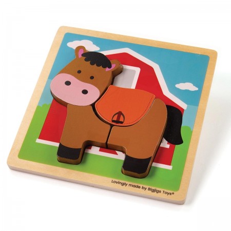 Bigjigs Toys  Chunky Lift Out Puzzle - Horse. Wooden horse puzzle with a barn background on a white surface