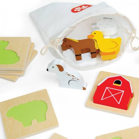 Bigjigs Toys Farm - Feel and Find. Set of wooden farm animal puzzles with a carrying bag on a white background