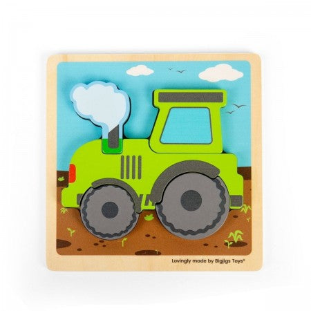 Bigjigs Toys Chunky Lift Out Puzzle - Tractor. Wooden puzzle with a green tractor design on a white background