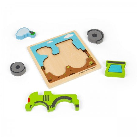 Bigjigs Toys Chunky Lift Out Puzzle - Tractor. Children's toy set with wooden puzzle piece, drill, and additional pieces on a white background