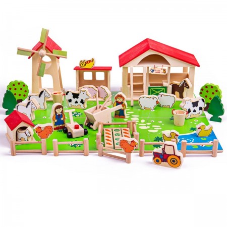 Bigjigs Toys Play Farm. Wooden farm toy set with animals and buildings on a white background