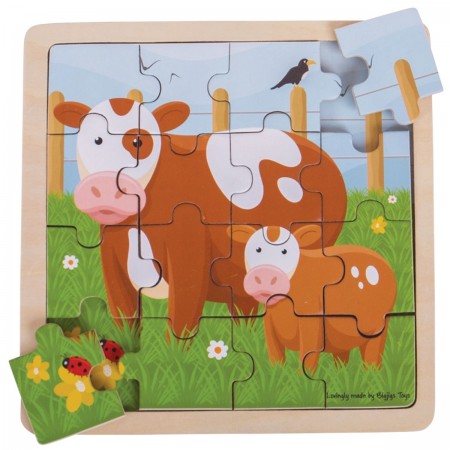 Bigjigs Toys Cow & Calf Puzzle. Children's puzzle with cow and calf design on a wooden frame