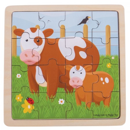 Bigjigs Toys Cow & Calf Puzzle. Children's puzzle with cow and calf illustration on a wooden frame