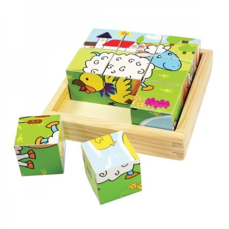 Bigjigs Toys Animal Cube Puzzle. Wooden cube puzzle with colorful animal illustrations on a white background