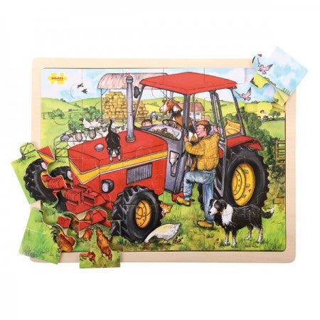 Bigjigs Toys Large Tray Puzzle - Tractor. Children's puzzle with a red tractor and farm scene on a white background