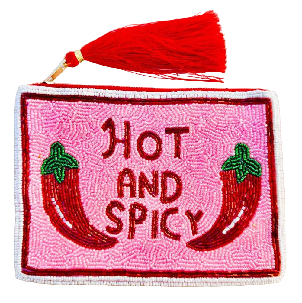 Embroidered patch with 'Hot and Spicy' text and chili peppers on a pink background, attached to a red tassel.