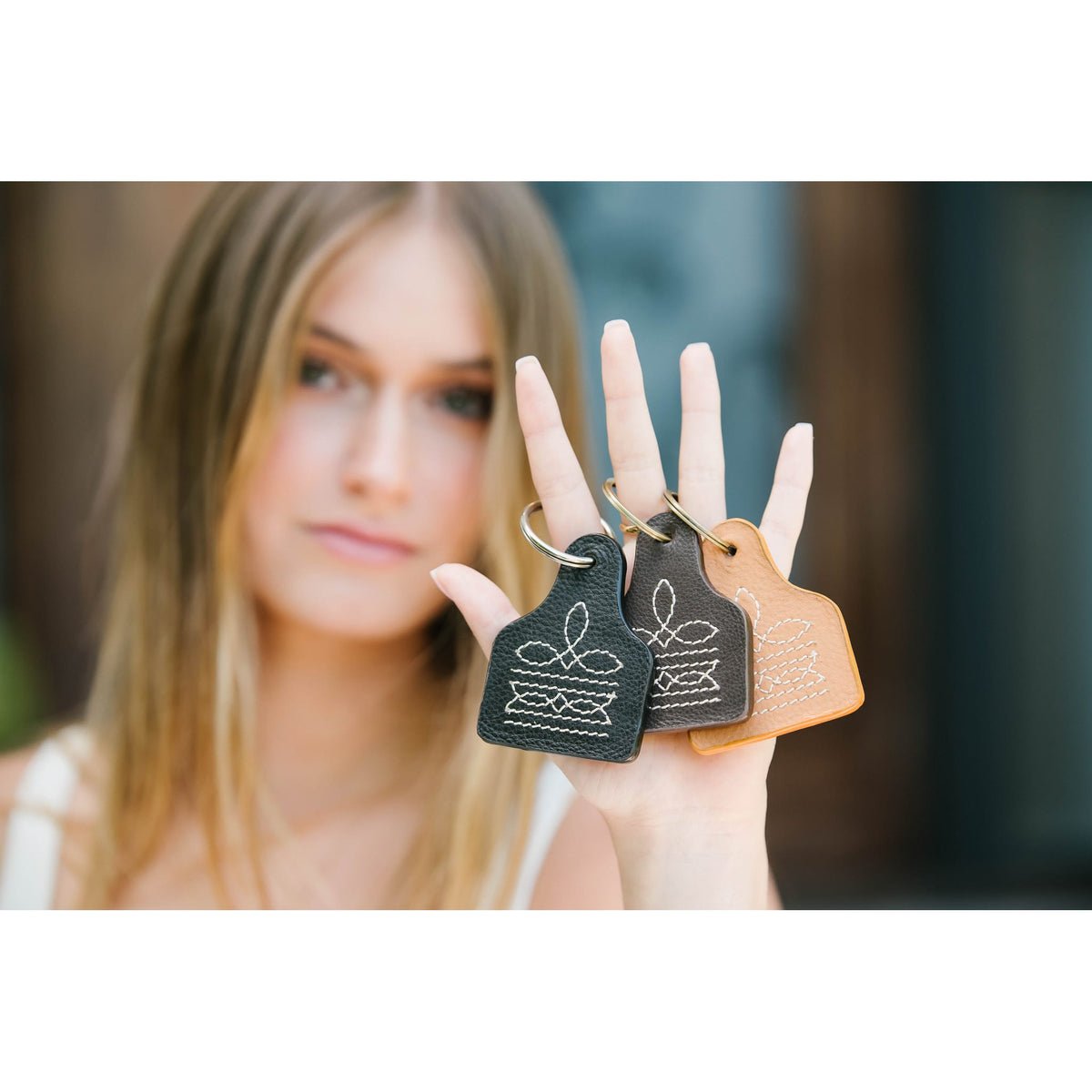 Boot Stitch Tan Cattle Tag Keyring The Design Edge