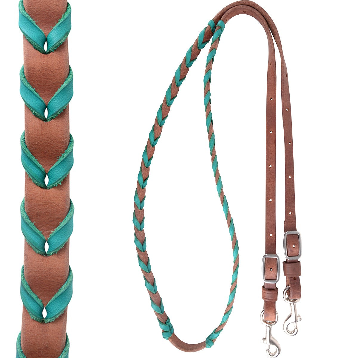 Latigo Laced Barrel Rein, 5/8-inch Thick Buckle and Keeper Snap Ends from Martin Saddlery on a white background