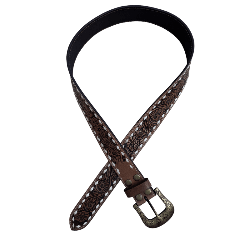 Brown Buck Stitch Tooling Leather Belt with Removable Buckle The Design Edge