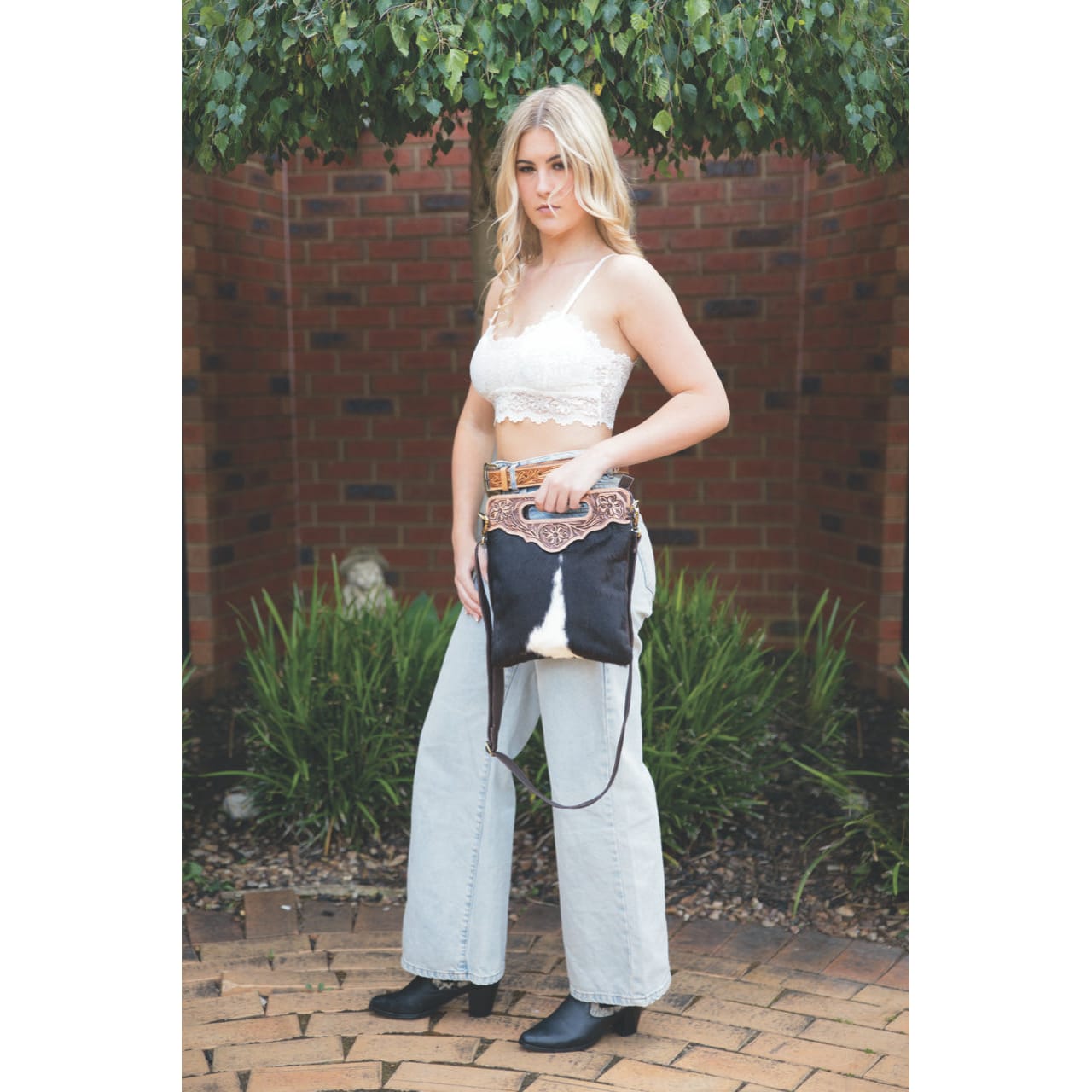Cali Brown Tooling Leather Sling Cowhide Bag The Design Edge