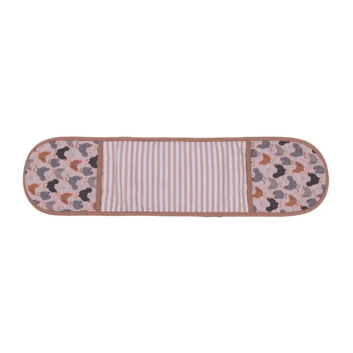 A rectangular baby blanket or mat with rounded corners, featuring a central pink and white striped section and dusty pink patterned ends with small dog silhouettes, shown on a plain white background.