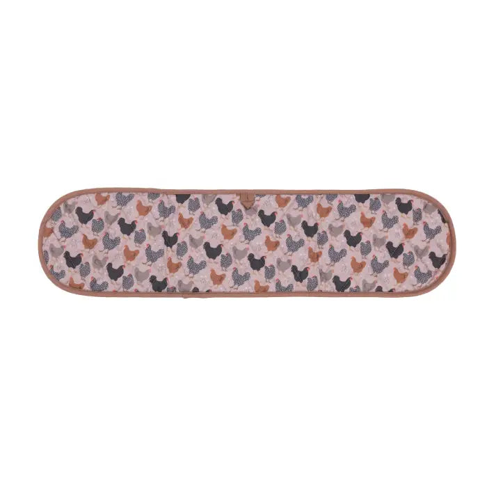 A rectangular contoured mattress topper with rounded corners, featuring a pink background with a repeating pattern of chickens in black, gray, and brown, finished with a brown fabric border.