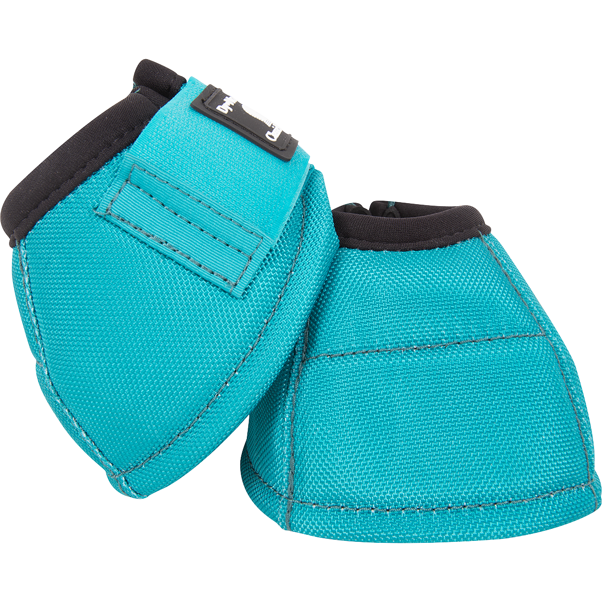 Classic Equine Dyno No Turn Bell Boots. A pair of turquoise Dyno No Turn Bell Boots for horses with hook-and-loop closures and a contoured fit.
