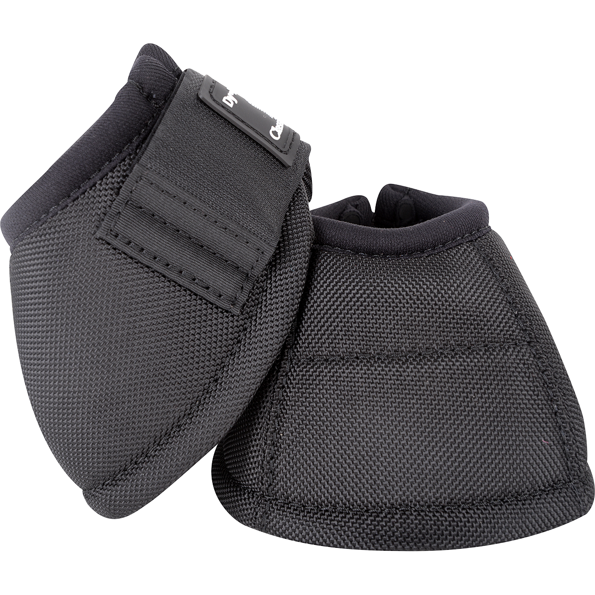 Classic Equine Dyno No Turn Bell Boots. A pair of black Dyno No Turn Bell Boots for horses with hook-and-loop closures and a contoured fit.