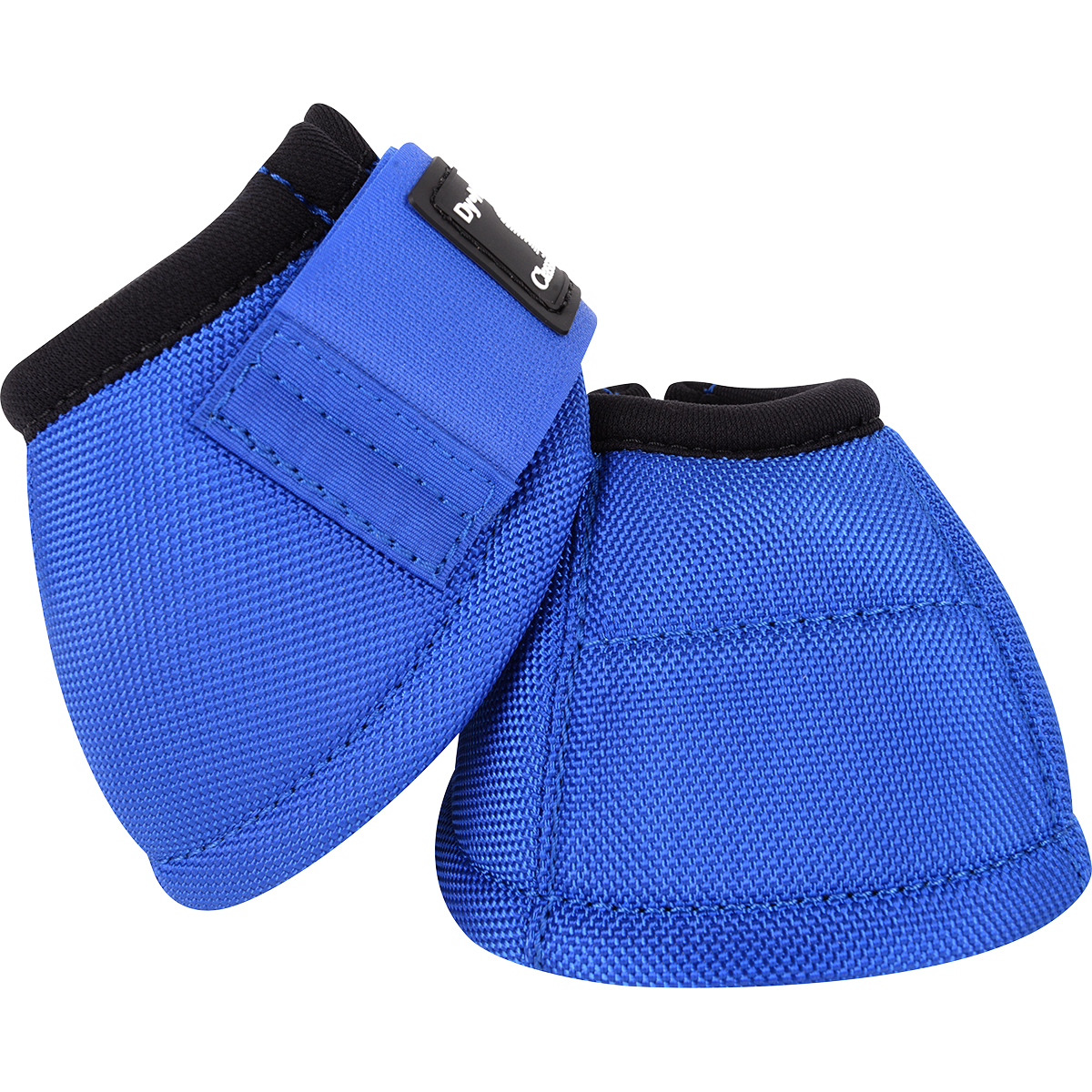 Classic Equine Dyno No Turn Bell Boots. A pair of blue Dyno No Turn Bell Boots for horses with hook-and-loop closures and a contoured fit.