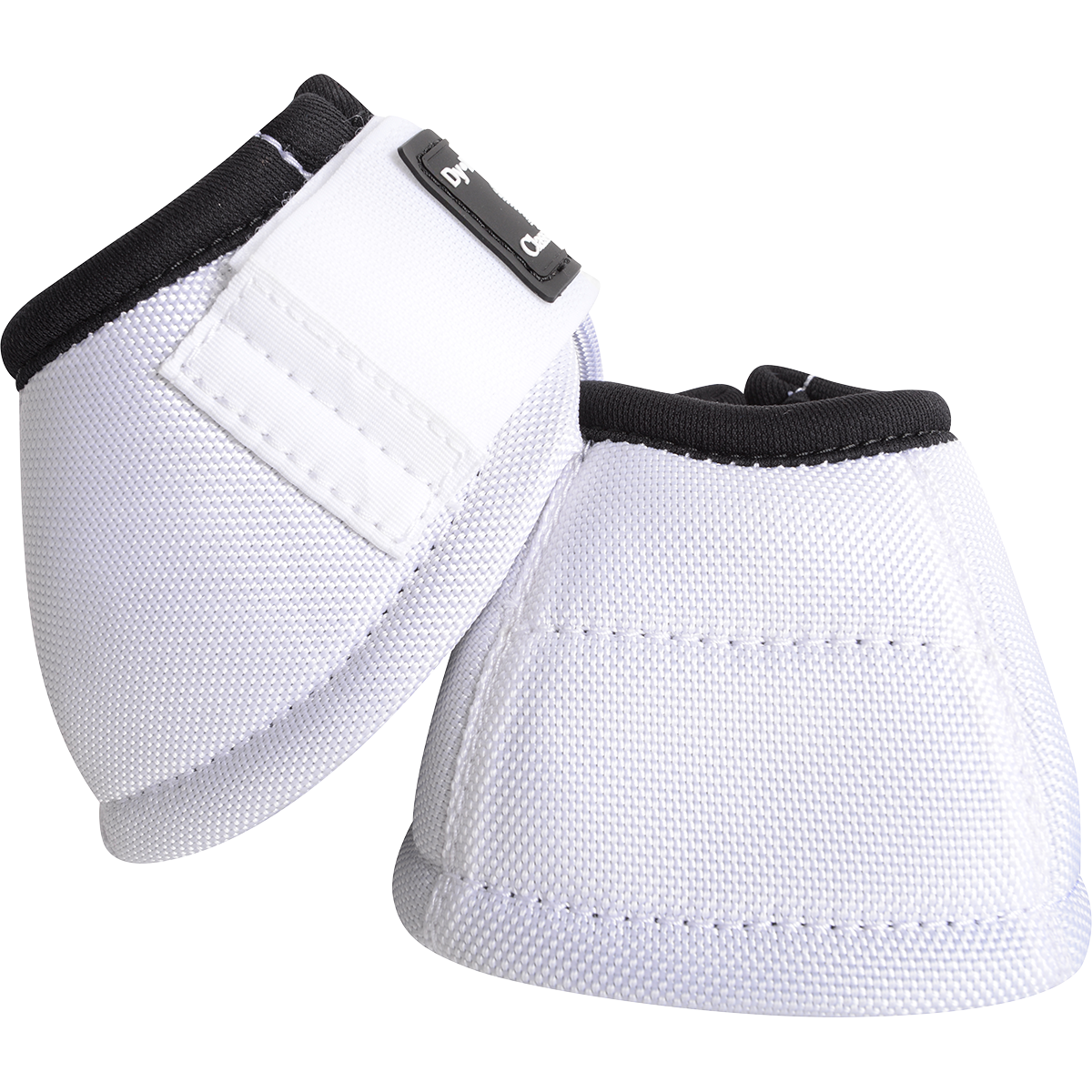 Classic Equine Dyno No Turn Bell Boots. A pair of white Dyno No Turn Bell Boots for horses with hook-and-loop closures and a contoured fit.