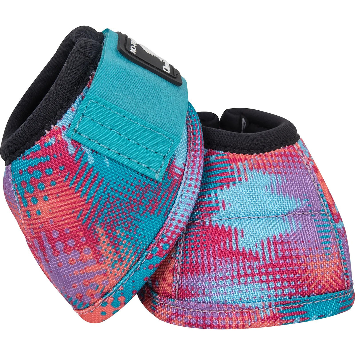 Colorful patterned dog boots with blue accents on a white background