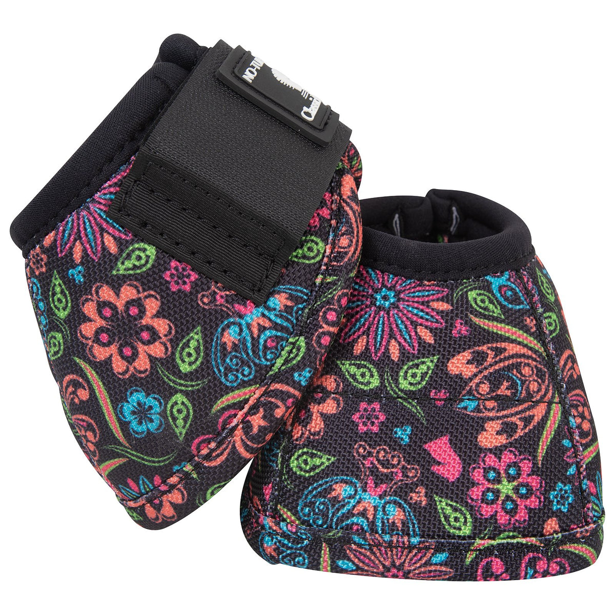 Colorful floral-patterned dog boots with black straps on a white background