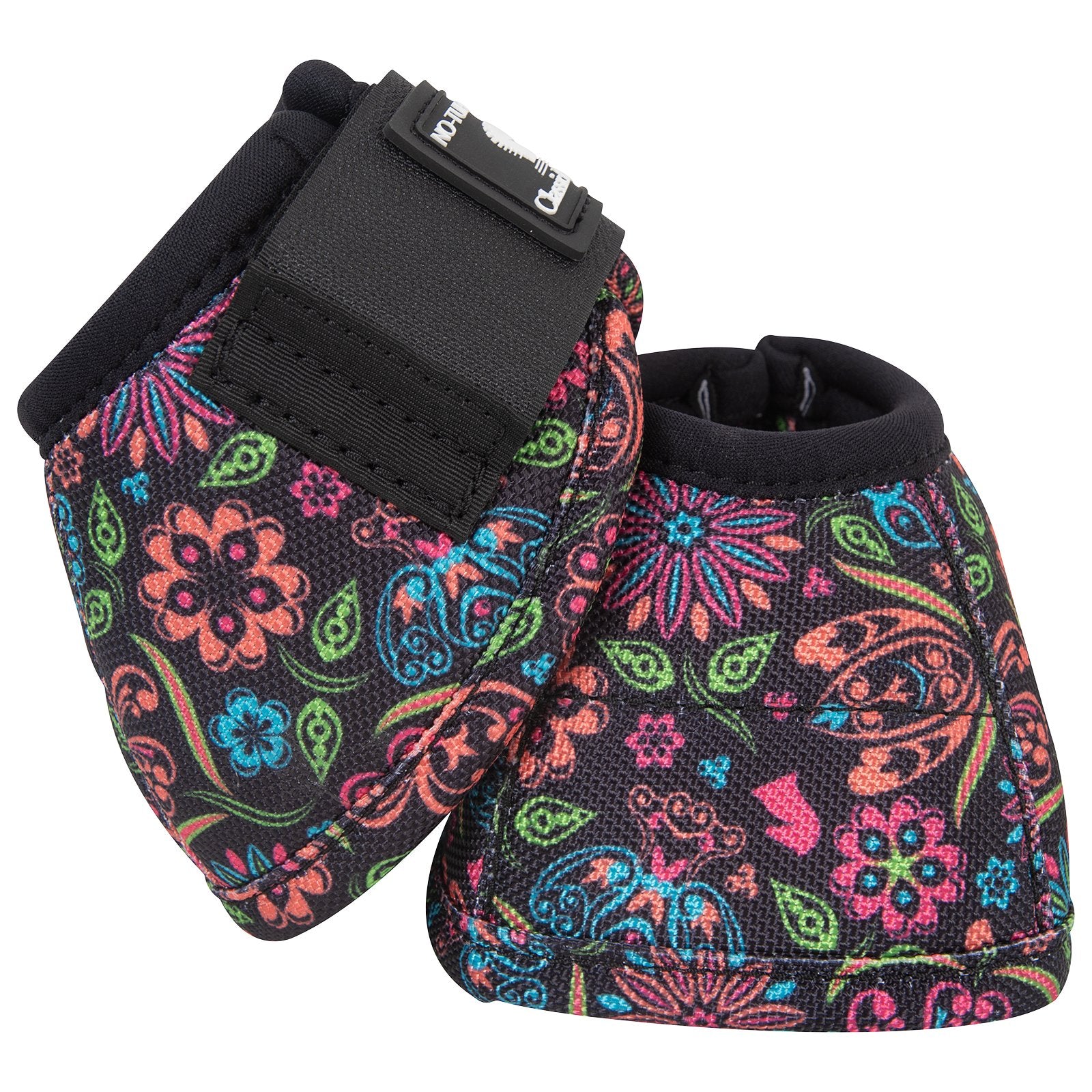 Colorful floral-patterned dog boots with black straps on a white background