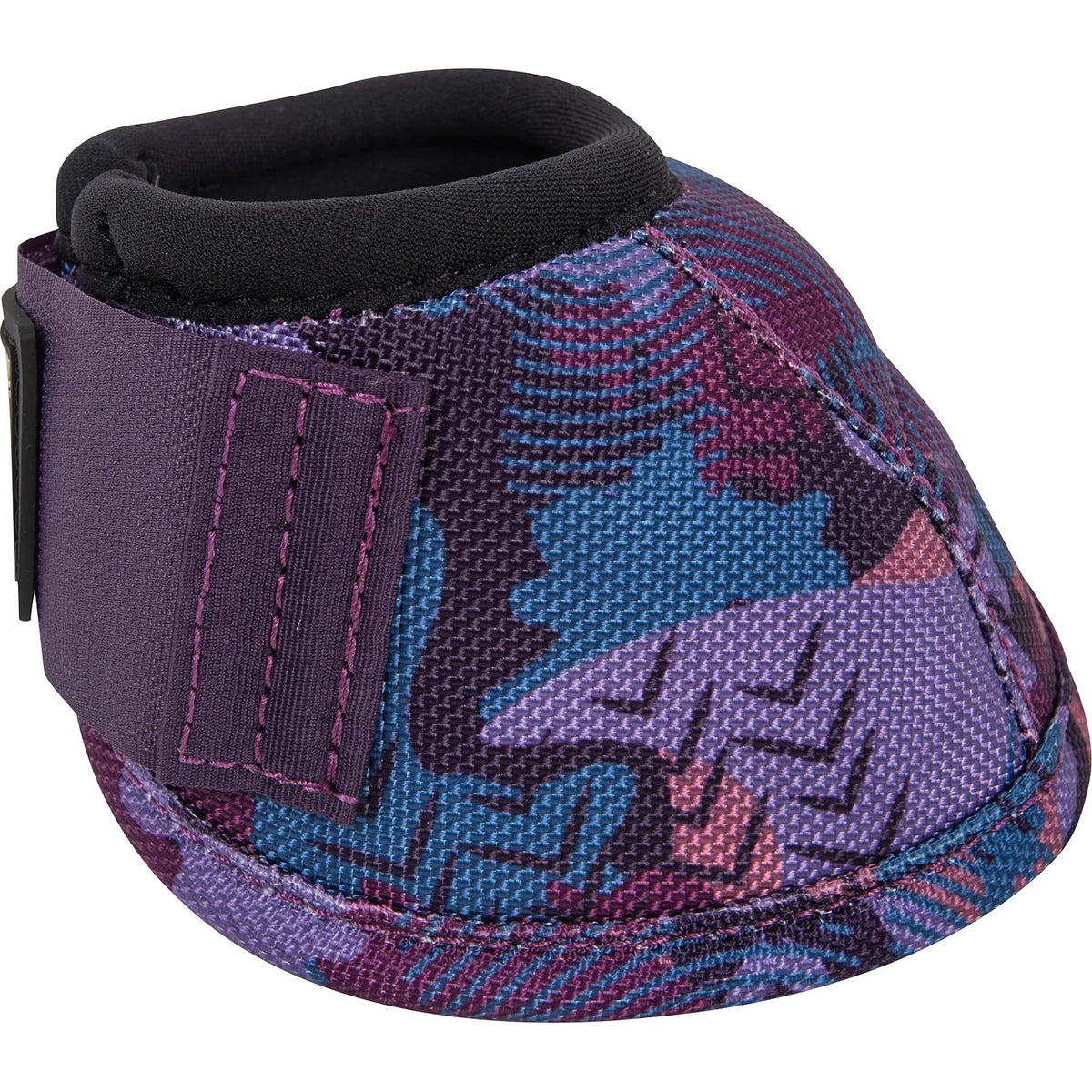 Purple and blue patterned horse shoe with black interior on a white background