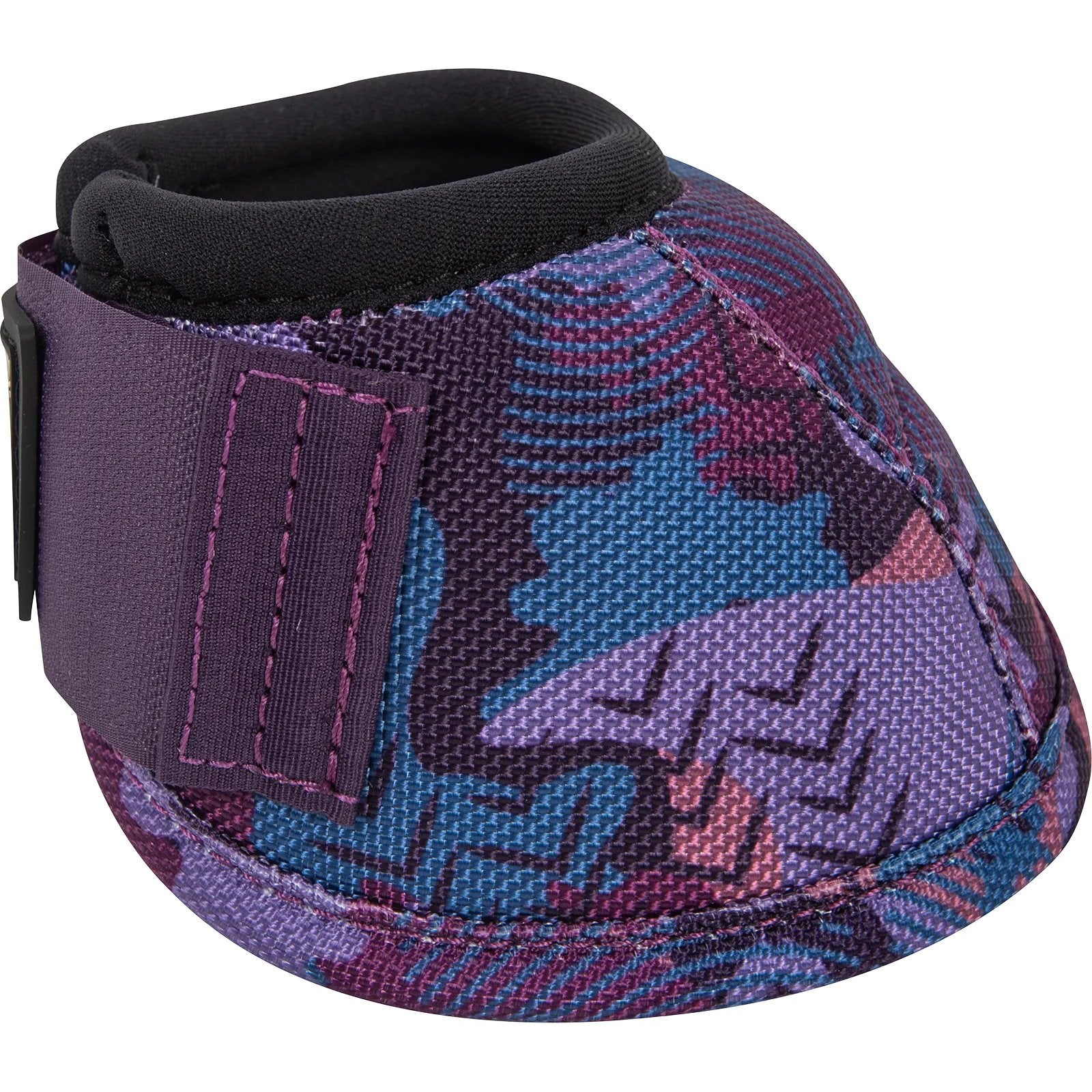 Pair of purple and blue patterned protective gear on a white background