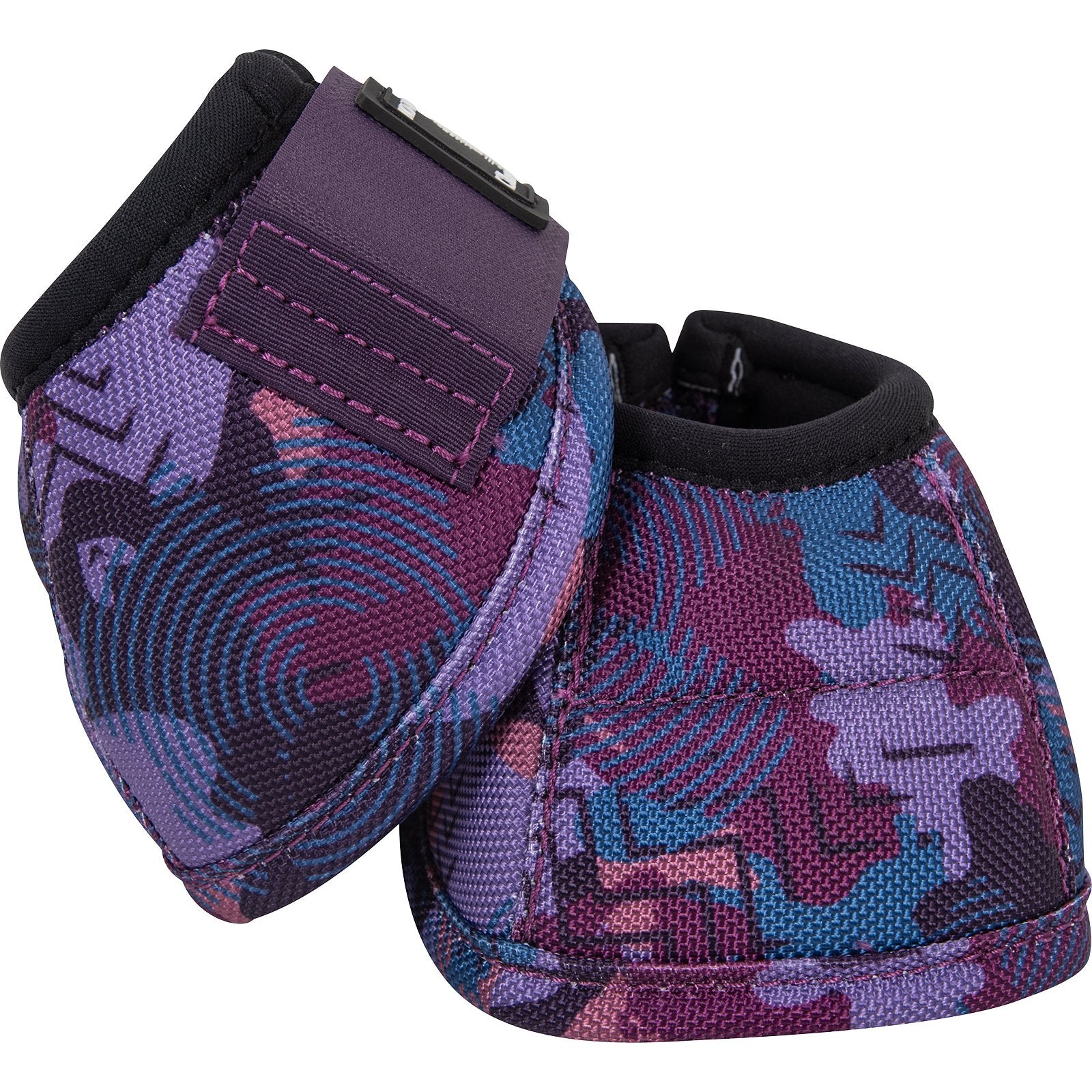 Pair of purple and blue patterned protective gear on a white background