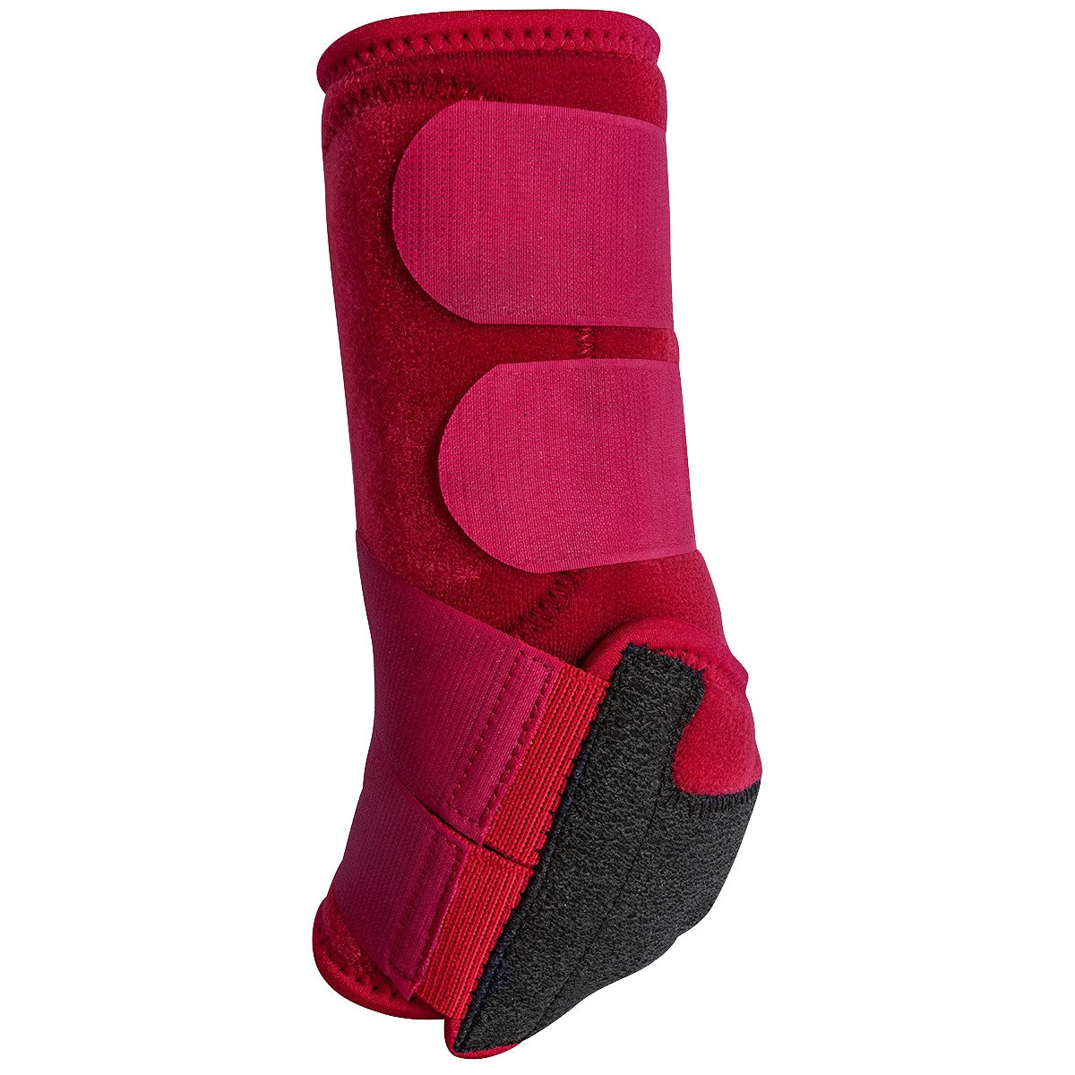 Classic Equine Legacy2 Crimson Front Support Boots. Red protective boot with black sole on a white background