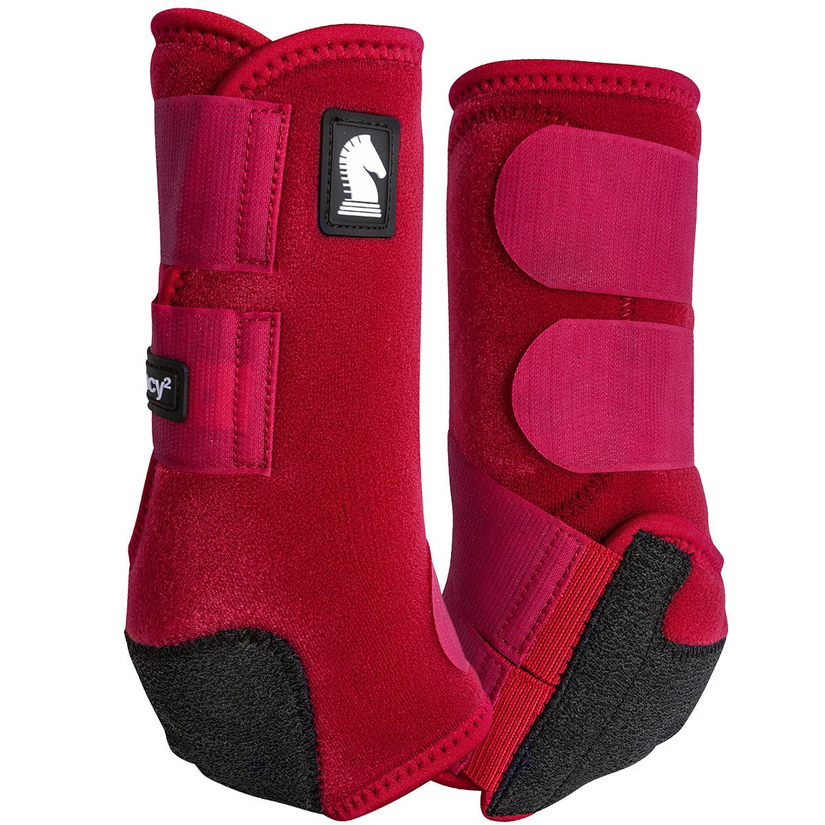 Classic Equine Legacy2 Crimson Front Support Boots. Red protective horse boots with black soles on a white background