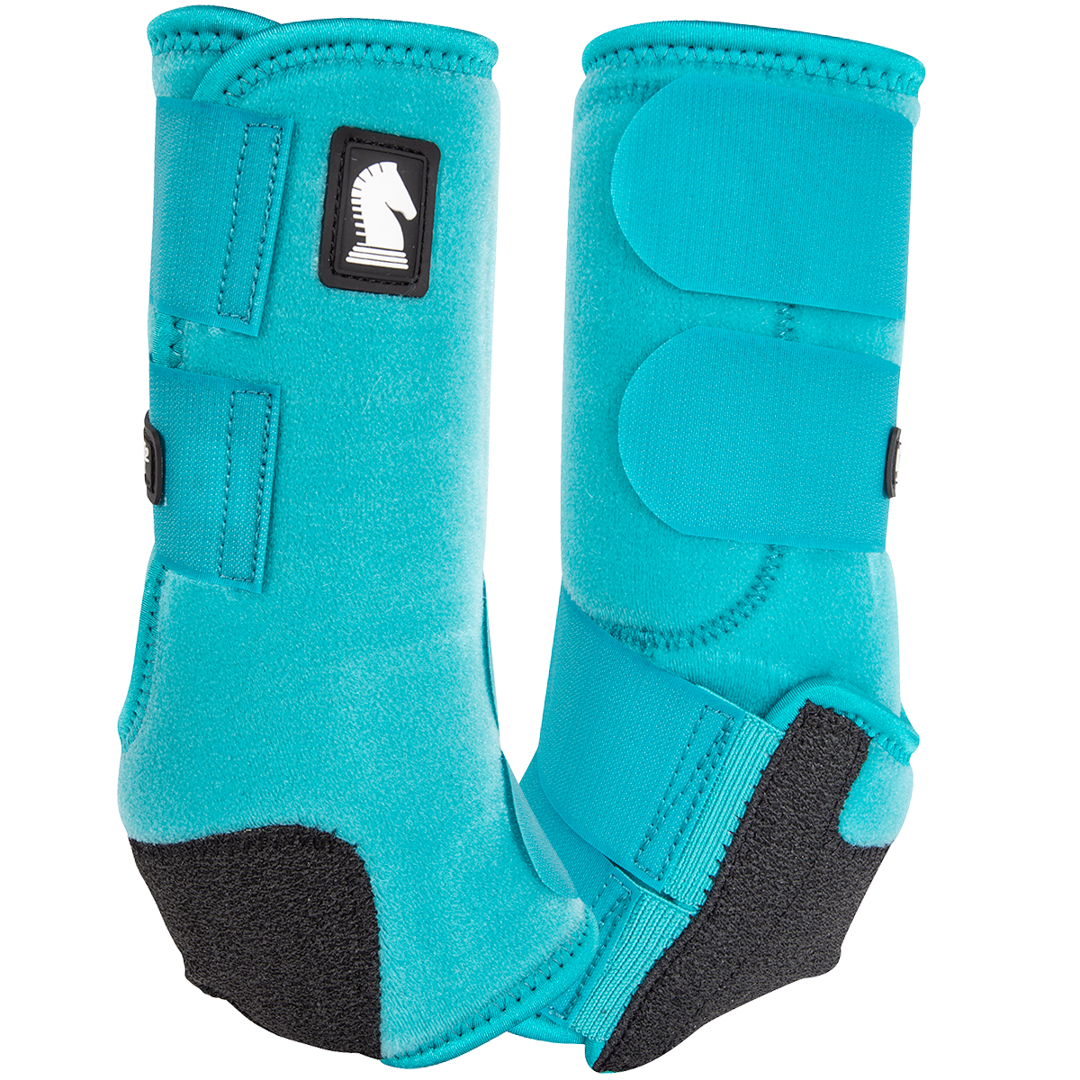 Classic Equine Legacy2 Aqua Hind Support Boots. Turquoise protective horse boots with black accents on a white background