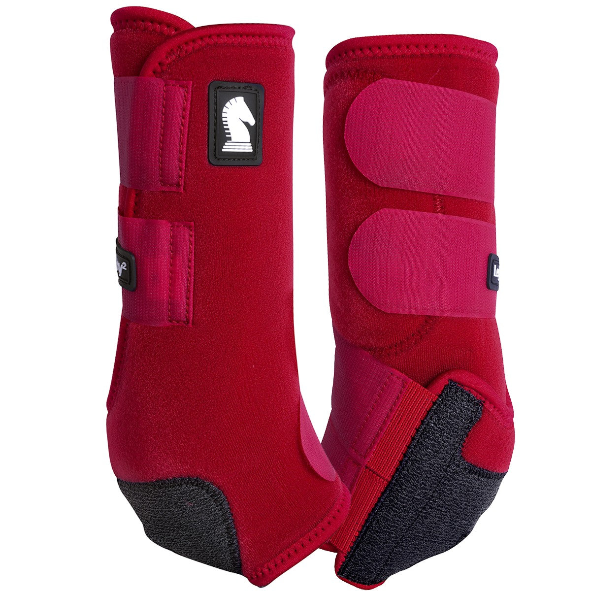 Classic Equine Legacy2 Crimson Hind Support BootsRed protective horse boots with a brand logo on a white background 