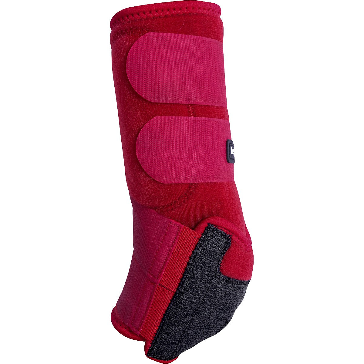 Classic Equine Legacy2 Crimson Hind Support Boots. Red protective boot with black padding on a white background