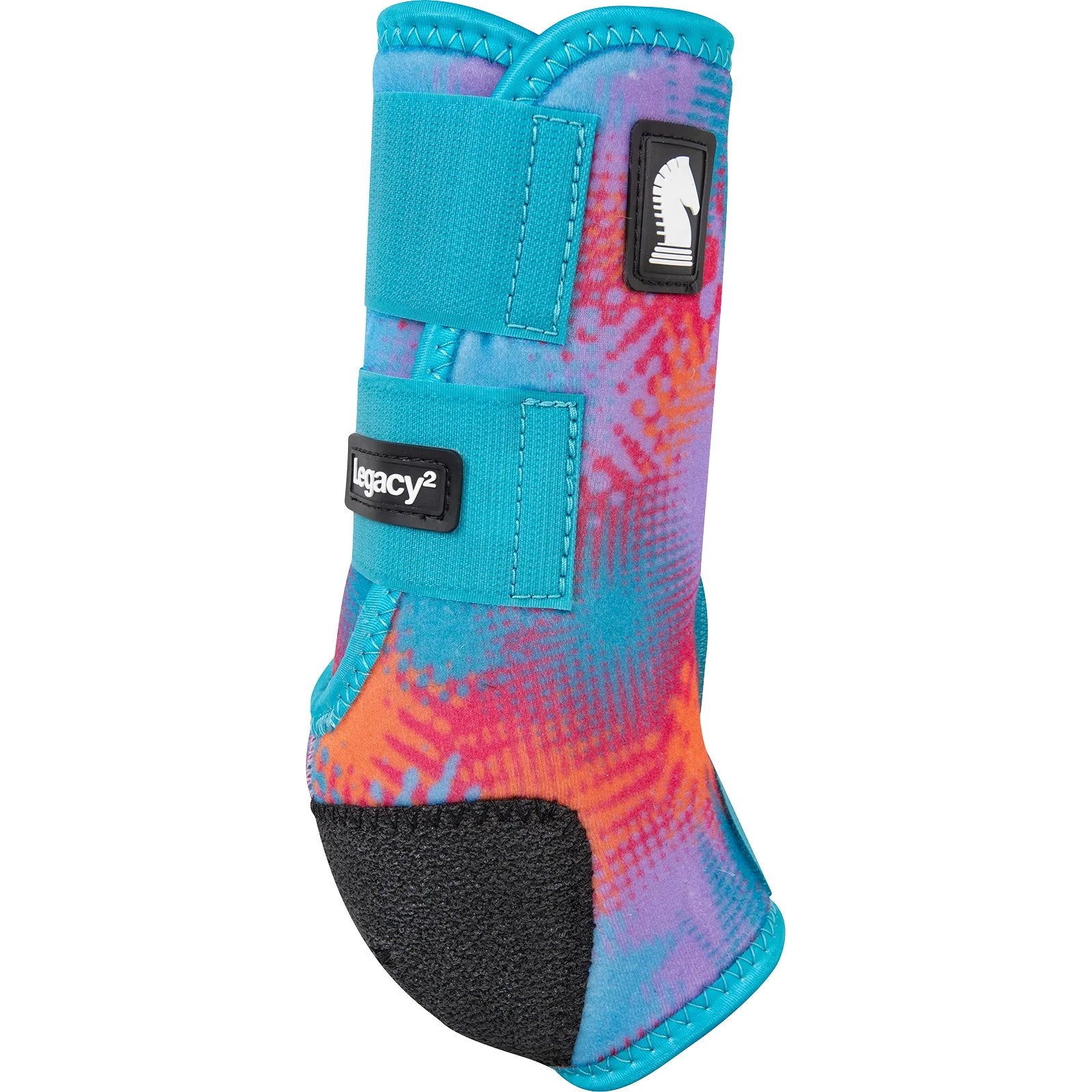 Colorful equestrian protective boot with 'Legacy' branding on a white background