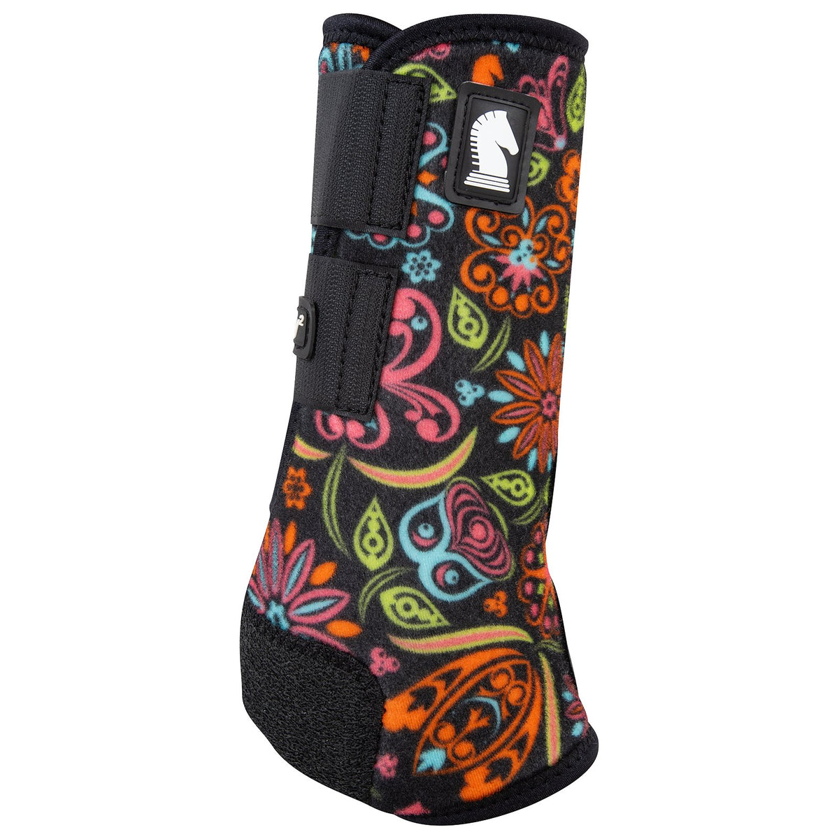 Colorful floral-patterned horse boot with a brand logo on a white background