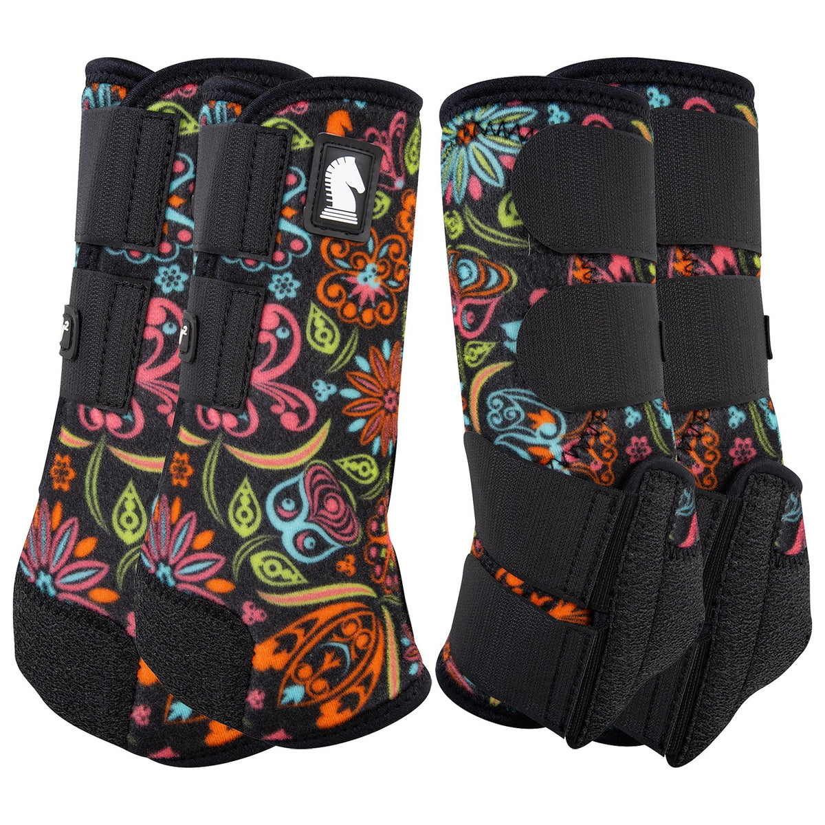 Colorful floral-patterned equestrian leg wraps on a white background
