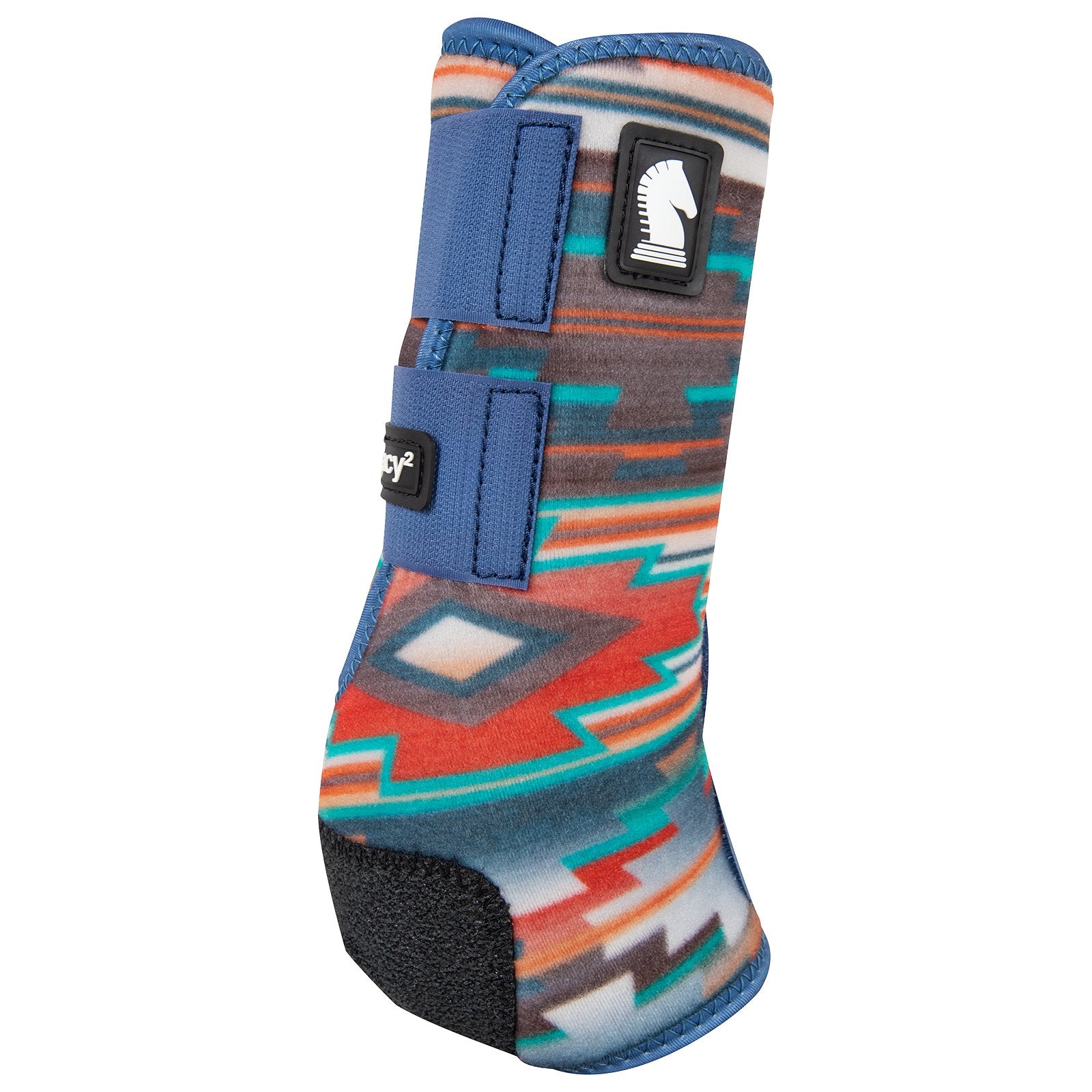 Equestrian protective boot with colorful pattern on a white background