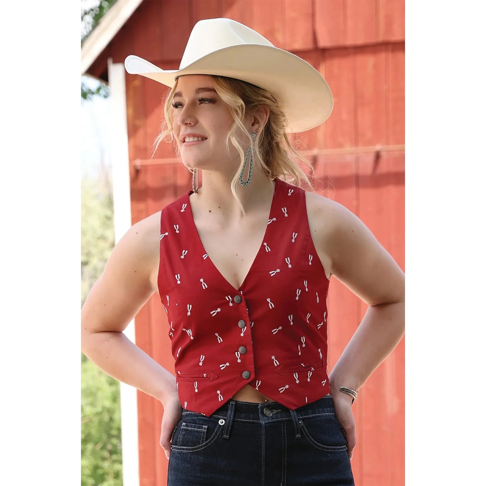 Cruel Denim Women's Red Spur Pattern Cropped Vest Cruel Denim