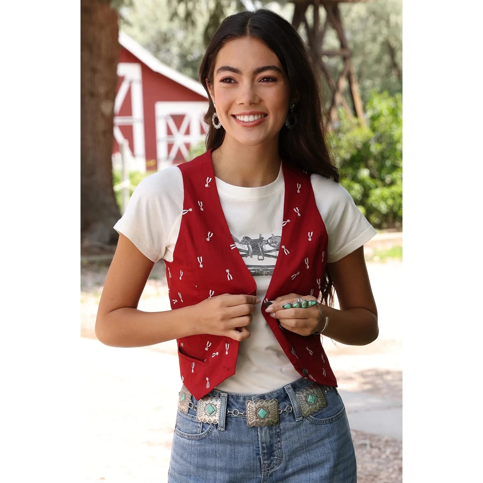 Cruel Denim Women's Red Spur Pattern Cropped Vest Cruel Denim