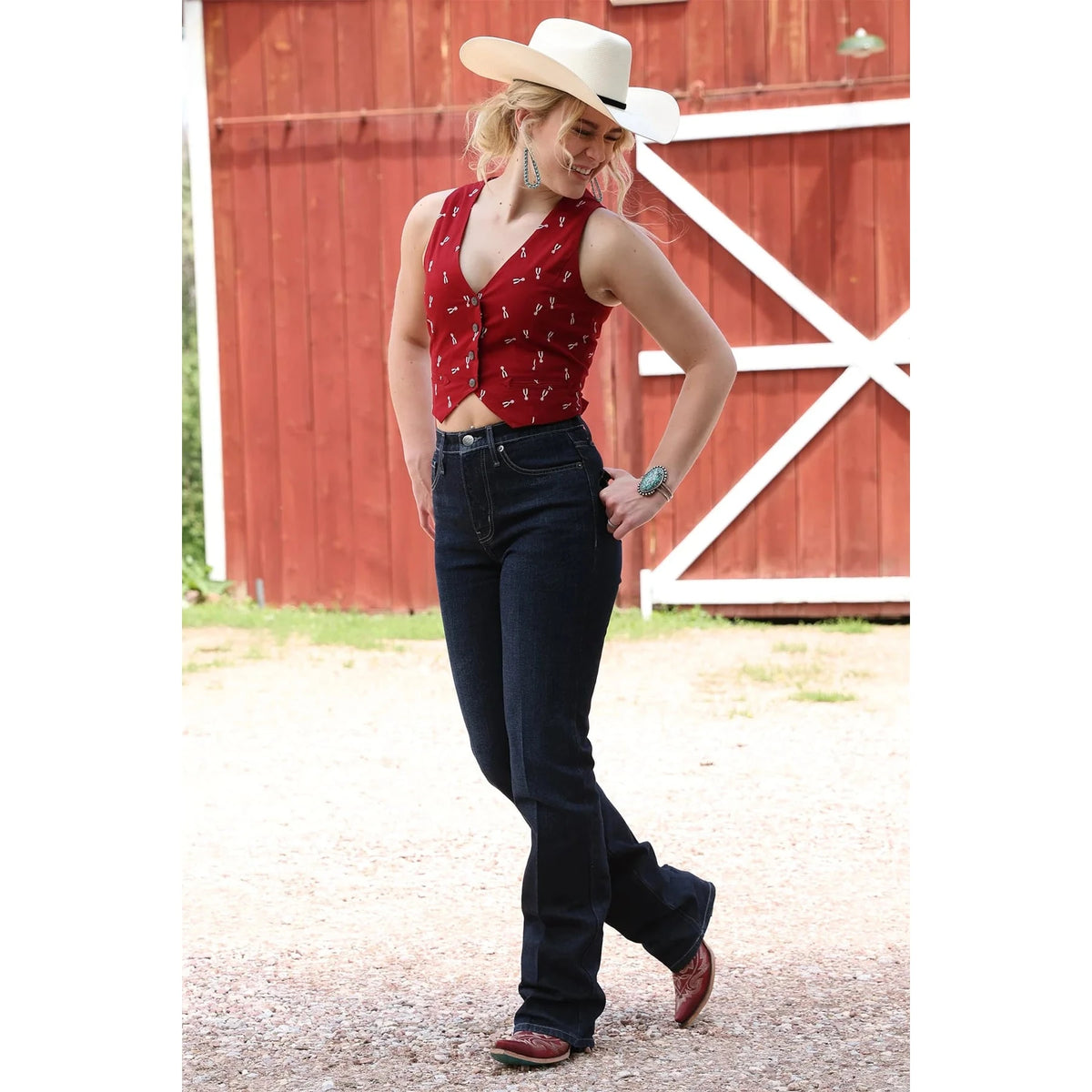 Cruel Denim Women's Red Spur Pattern Cropped Vest Cruel Denim