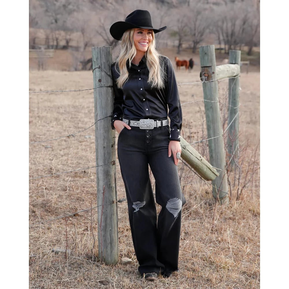 Cruel Denim Women's Satin Classic Fit Long Sleeve Western Shirt Cruel Denim