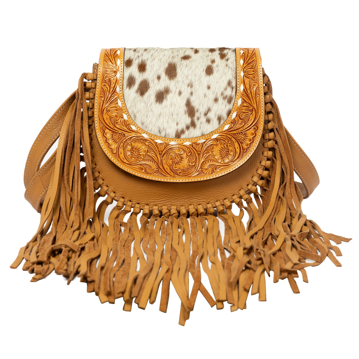 Cumana Tan Tooled Cowhide Flap Bag with Fringes The Design Edge