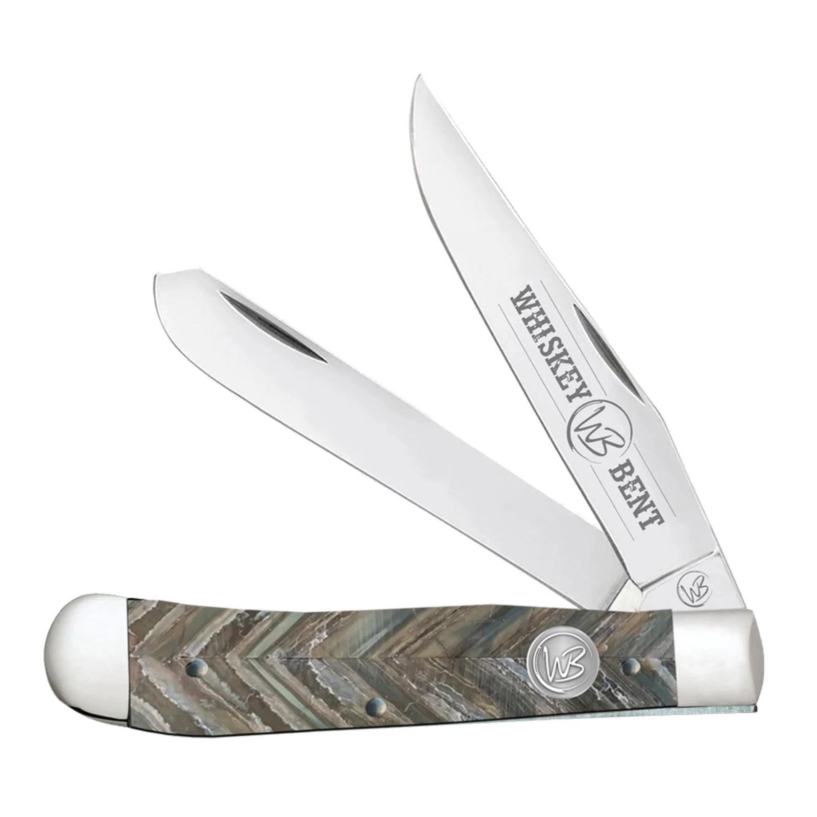 Trapper knife with wooden handle and 'Whiskey Bent' branding on a white background