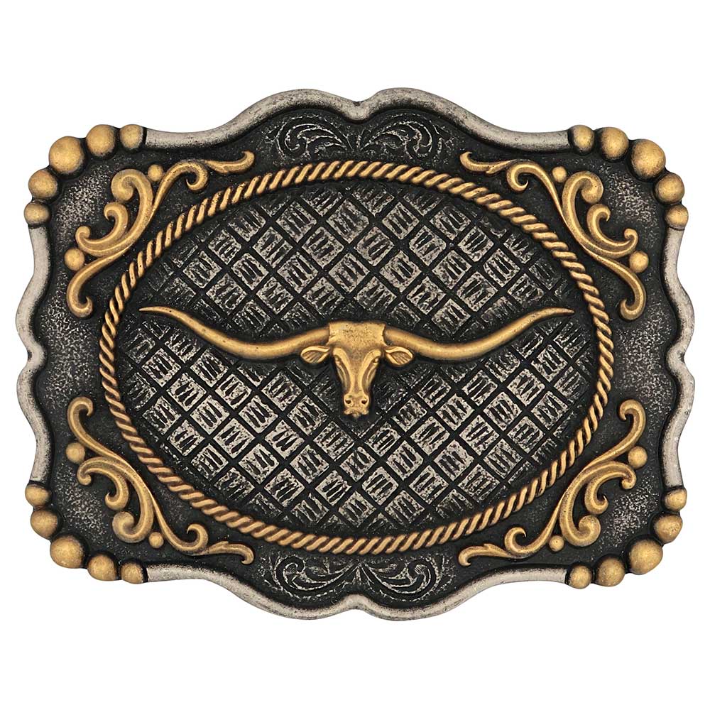 Montana Silversmith Framed Longhorn Attitude Buckle. Decorative belt buckle with longhorn design on a white background