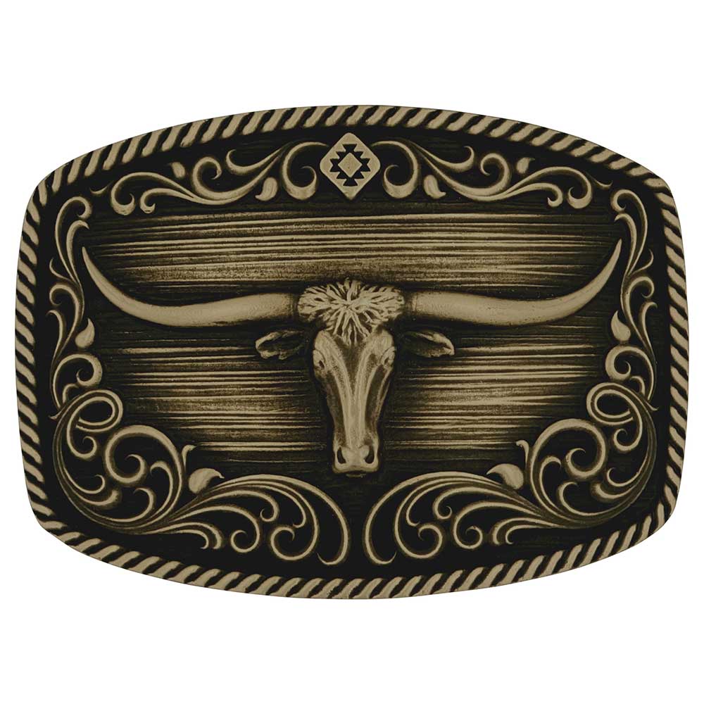 Montana Silversmith Longhorn Legend Attitude Buckle. Belt buckle with longhorn bull design on a white background